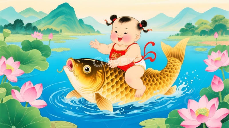 高清大图下载【趣麦麦图】连年有鱼娃娃骑鱼拜年