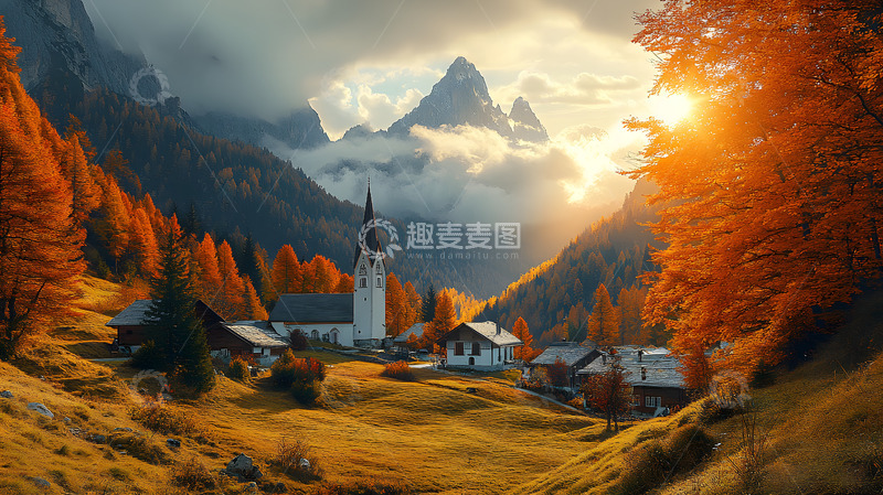 高清大图下载【趣麦麦图】秋天深山枫林欧式建筑1