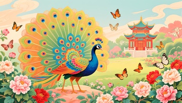 花开富贵孔雀开屏年画