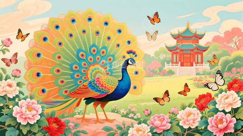 高清大图下载【趣麦麦图】花开富贵孔雀开屏年画