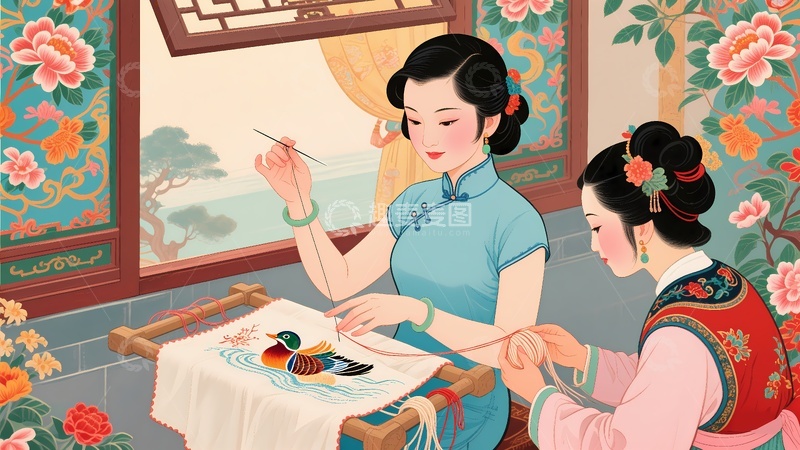 高清大图下载【趣麦麦图】穿着旗袍刺绣