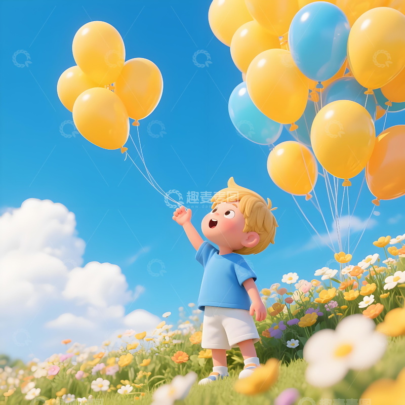 高清大图下载【趣麦麦图】金发小男孩六一立体插画蓝黄气球装点花海