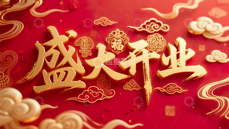 高清大图下载【趣麦麦图】红底喜庆盛大开业立体鎏金毛笔字1