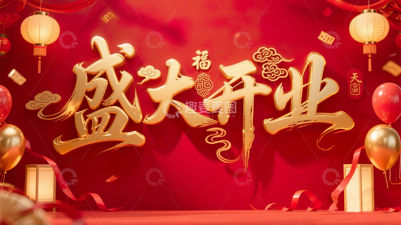 高清大图下载【趣麦麦图】红底喜庆盛大开业立体鎏金毛笔字8