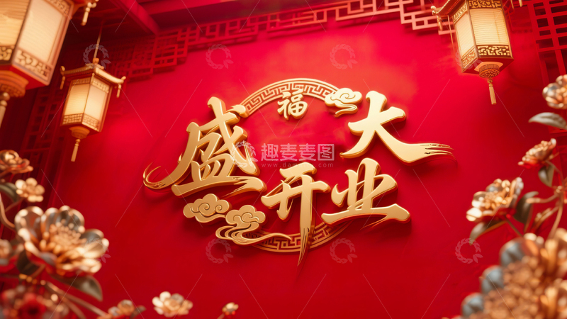 高清大图下载【趣麦麦图】红底喜庆盛大开业立体鎏金毛笔字3