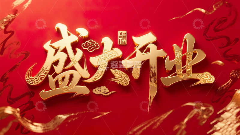 高清大图下载【趣麦麦图】红底喜庆盛大开业立体鎏金毛笔字4