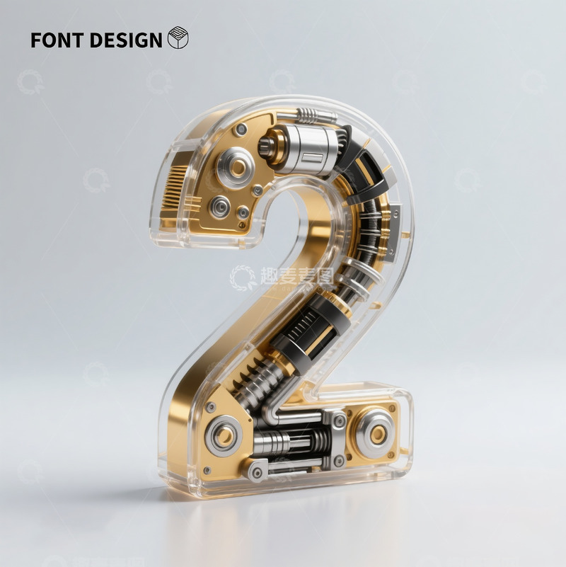 高清大图下载【趣麦麦图】金属玻璃透明机械齿轮立体数字字母5