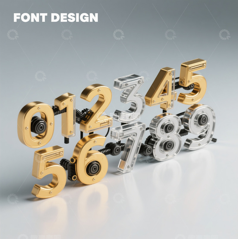 高清大图下载【趣麦麦图】金属玻璃透明机械齿轮立体数字9