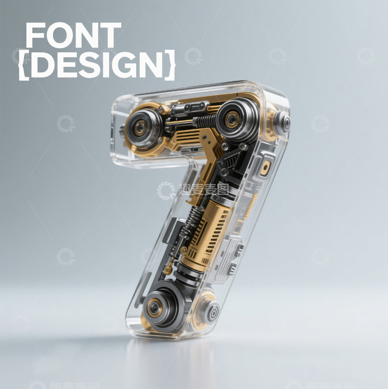 高清大图下载【趣麦麦图】金属玻璃透明机械齿轮立体数字字母3