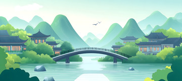 中国风绿色山水画
