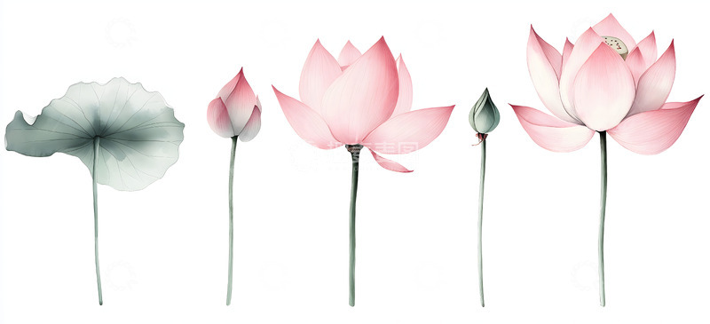 高清大图下载【趣麦麦图】淡雅水彩荷花荷叶插画