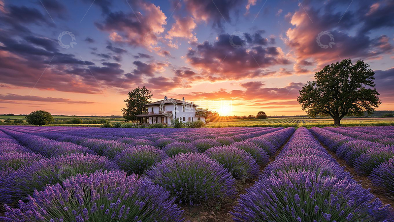 高清大图下载【趣麦麦图】-夕阳薰衣草花田