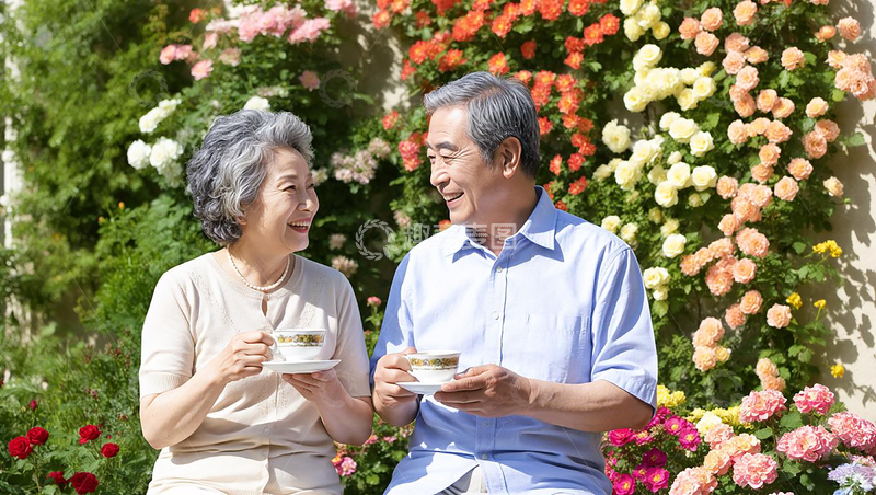 高清大图下载【趣麦麦图】花园喝茶的老年夫妇