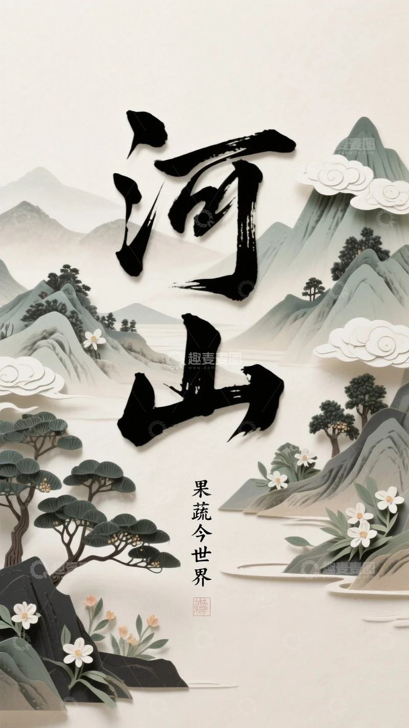 高清大图下载【趣麦麦图】国风水墨河山字体1