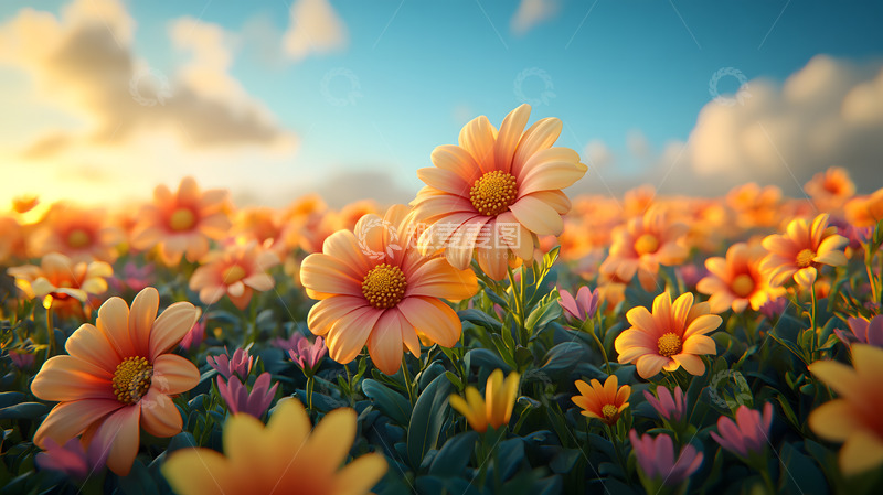 高清大图下载【趣麦麦图】3D卡通色彩鲜艳雏菊场景4