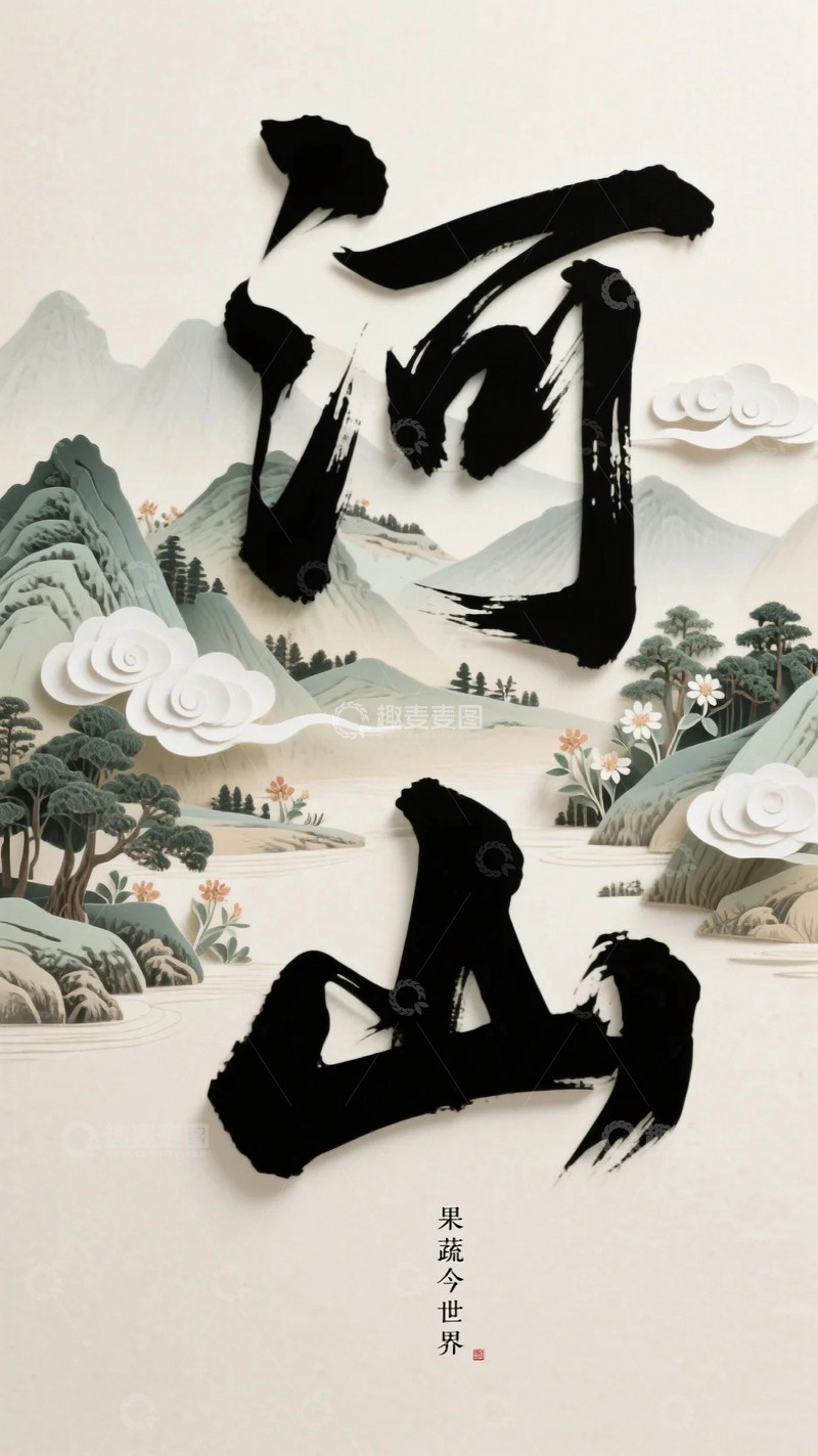 高清大图下载【趣麦麦图】国风水墨河山字体