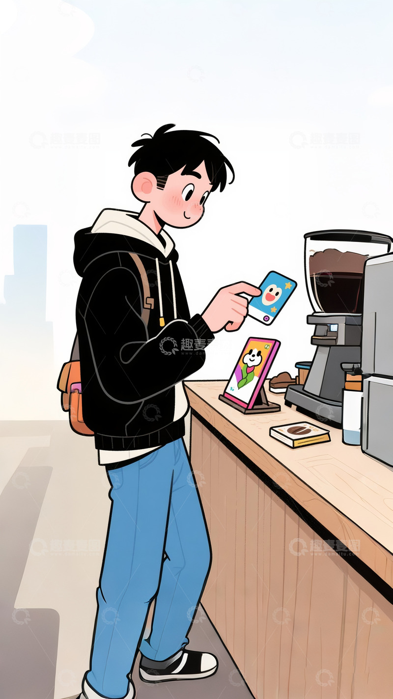 高清大图下载【趣麦麦图】买咖啡的年轻人
