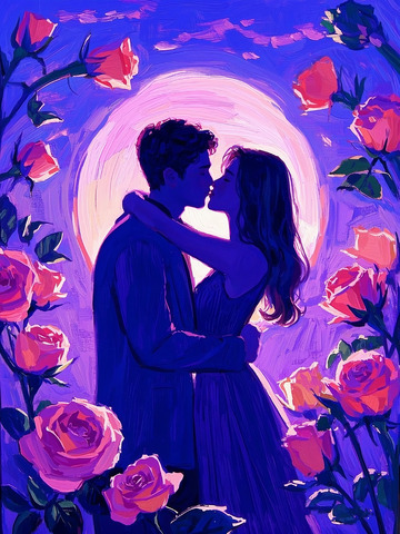 AICG油画风格情侣插画玫瑰夜晚