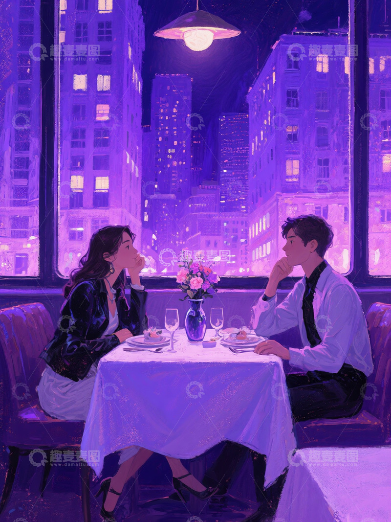 高清大图下载【趣麦麦图】AICG油画风格情侣插画浪漫餐厅情人节
