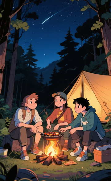 露营篝火烧烤的年轻人