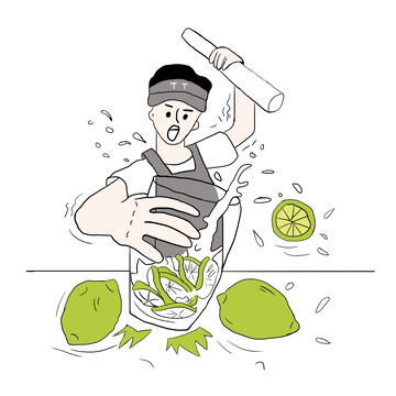 男孩暴打柠檬茶手绘