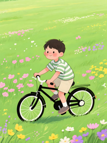 男孩骑车草地