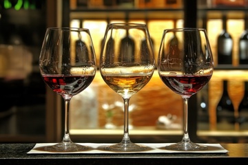 三个放置在桌面上的红酒杯