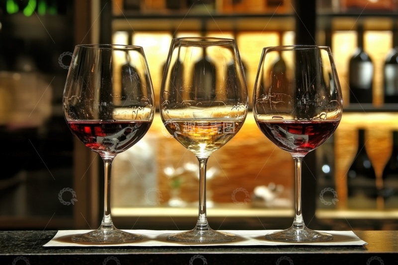 高清大图下载【趣麦麦图】三个放置在桌面上的红酒杯