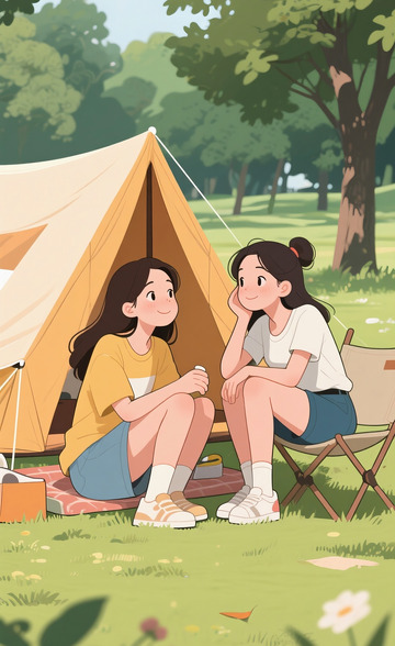 和闺蜜露营的女孩