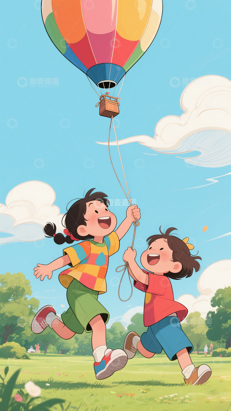 高清大图下载【趣麦麦图】小孩拽着热气球1
