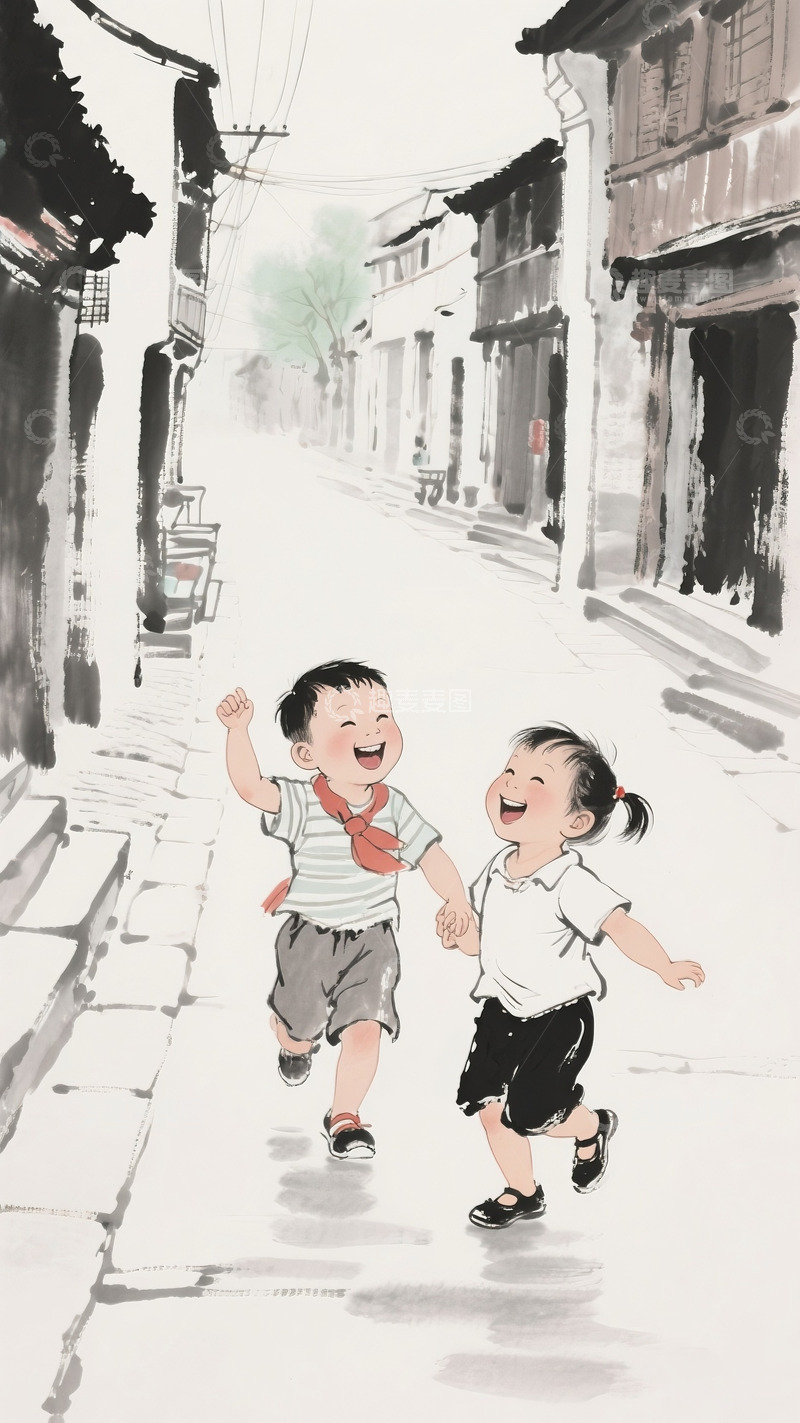 高清大图下载【趣麦麦图】小孩水墨风格1