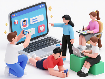 年轻人社交媒体互动交流网络生活场景插画