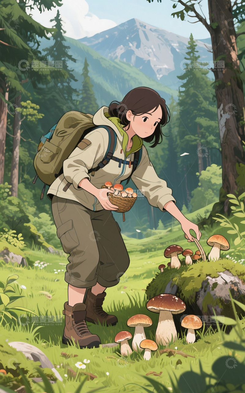 高清大图下载【趣麦麦图】采蘑菇的女人