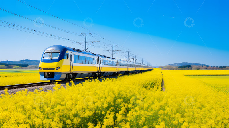 高清大图下载【趣麦麦图】驶过油菜花田的列车