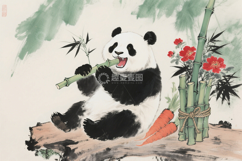 高清大图下载【趣麦麦图】国画风大熊猫
