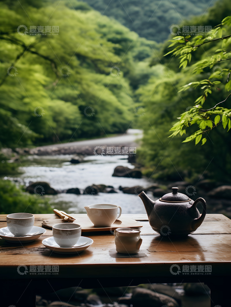 高清大图下载【趣麦麦图】绿色庭院茶饮摆设1