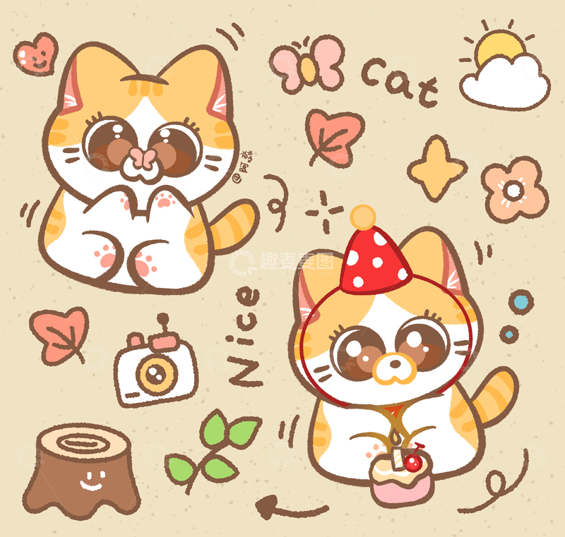 源文件下载【趣麦麦图】-生日小猫和扑蝴蝶小猫