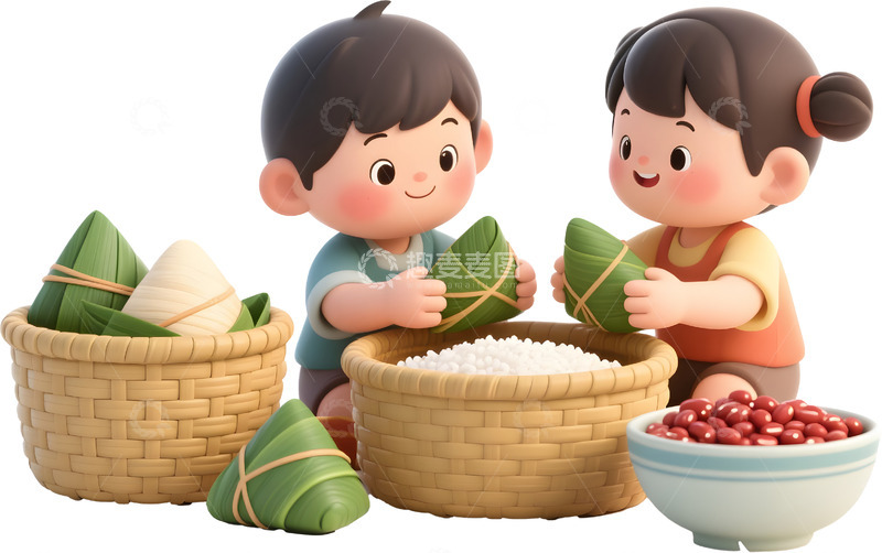 高清大图下载【趣麦麦图】端午卡通儿童包粽子1
