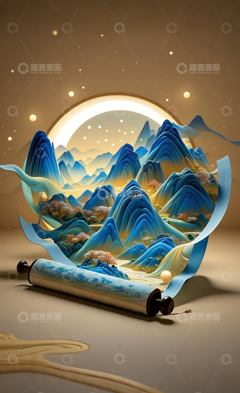 高清大图下载【趣麦麦图】-国潮山水字画背景