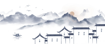 中国风手绘水墨风景山水徽派建筑