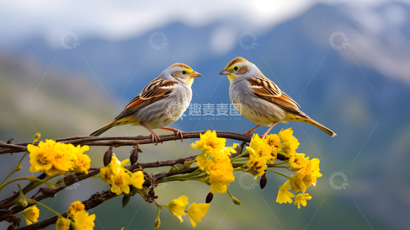高清大图下载【趣麦麦图】蓝天雪山背景下的小鸟