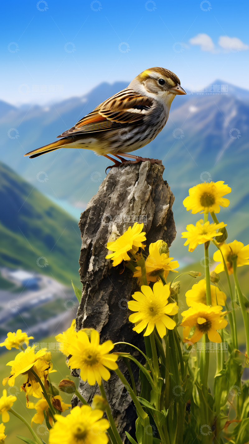 高清大图下载【趣麦麦图】蓝天雪山背景下的小鸟2