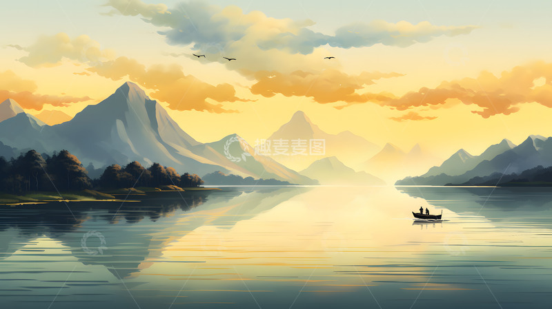 高清大图下载【趣麦麦图】山水江河中国风插画1