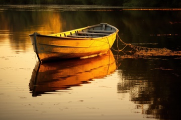 湖面上停泊的一艘木船