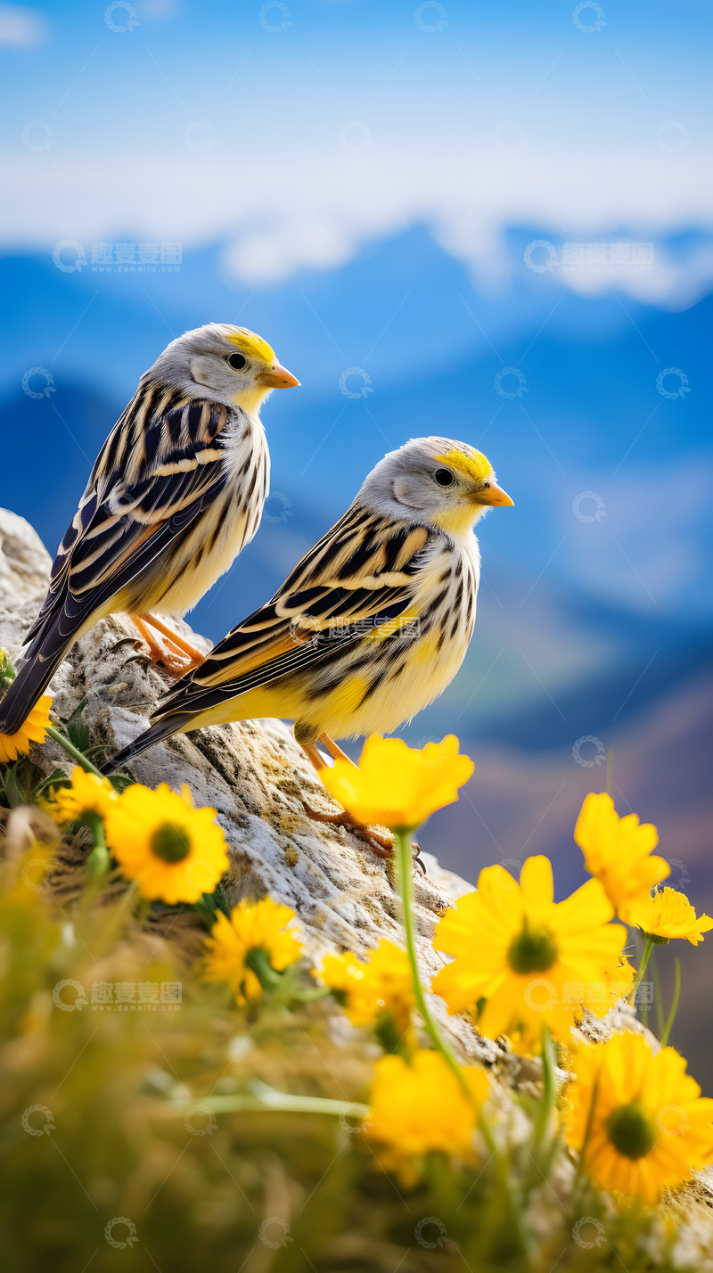 高清大图下载【趣麦麦图】蓝天雪山背景下的小鸟4