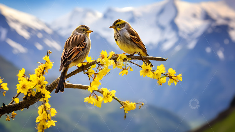 高清大图下载【趣麦麦图】蓝天雪山背景下的小鸟1