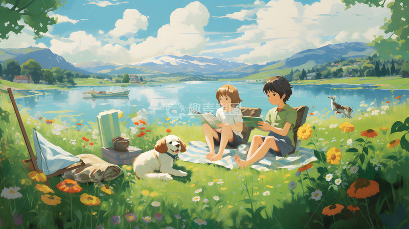 春日户外露营玩耍插画