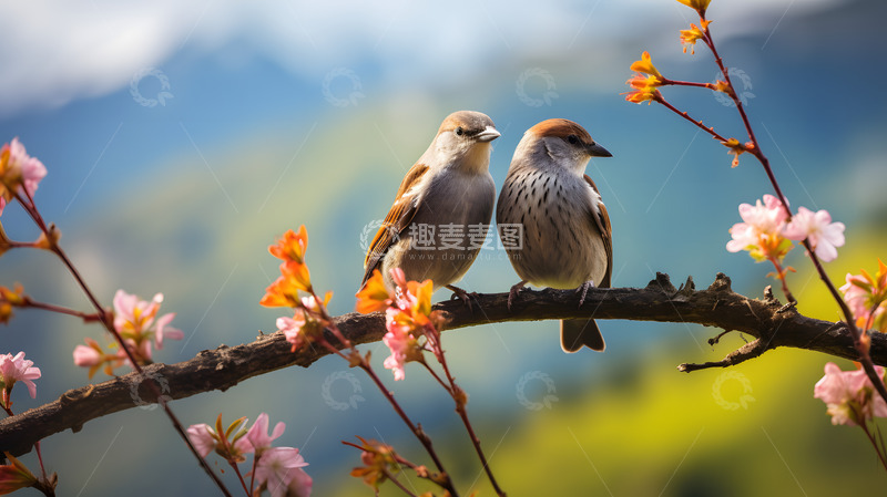高清大图下载【趣麦麦图】春天花卉树枝上的小鸟
