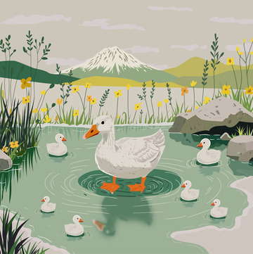 一只大鹅领着一群小鹅