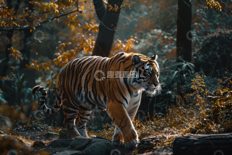 高清大图下载【趣麦麦图】树林里行走的一只老虎